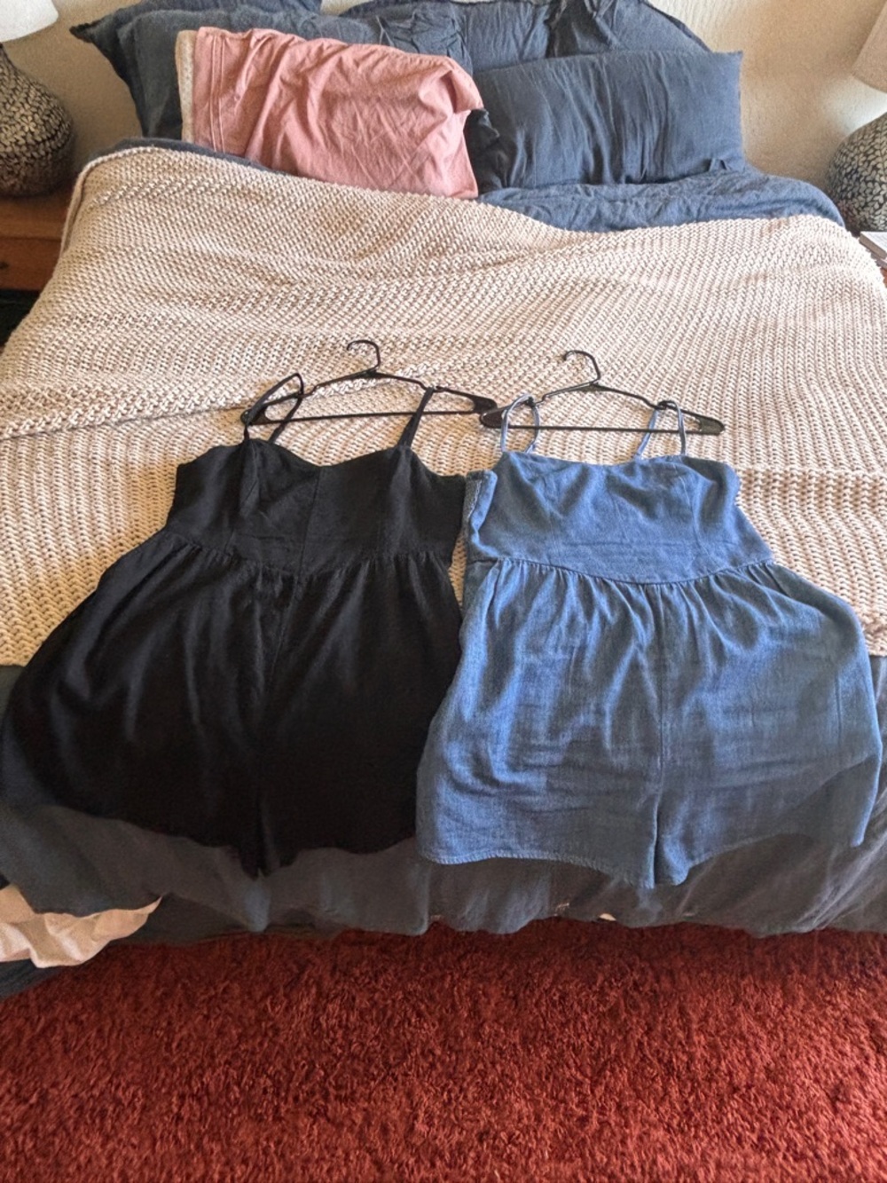 Old Navy Blue Denim and black Smocked Strap Romper size large - Picture 6 of 9